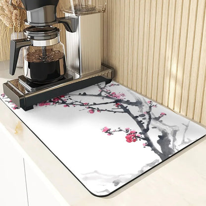 Chinese Style Absorbent Drying Mat For Kitchen Placemats For Table Sink Diatomaceous Earth Mat Plant Pattern Silicone Dish Mats - Smoothy Home