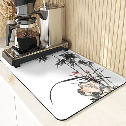 Chinese Style Absorbent Drying Mat For Kitchen Placemats For Table Sink Diatomaceous Earth Mat Plant Pattern Silicone Dish Mats - Smoothy Home