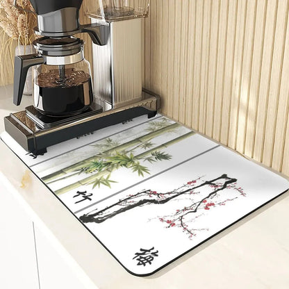 Chinese Style Absorbent Drying Mat For Kitchen Placemats For Table Sink Diatomaceous Earth Mat Plant Pattern Silicone Dish Mats - Smoothy Home