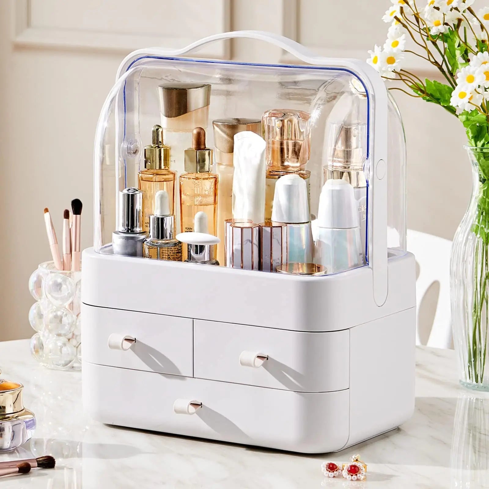 Cosmetic Organizer Countertop Organizer For Dresser With Lid And Drawer Countertop Waterproof And Dustproof Skin Care Organizer - Smoothy Home