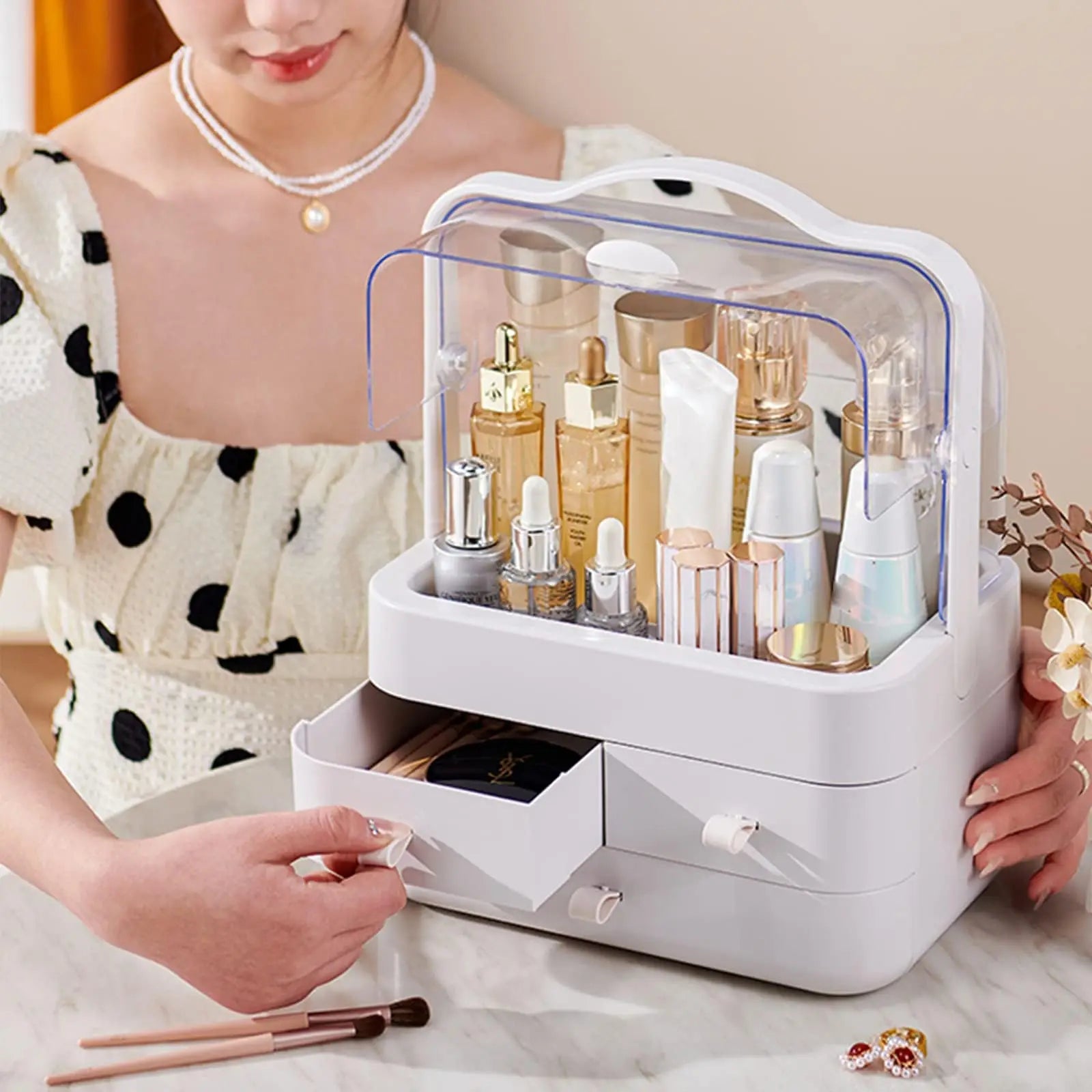 Cosmetic Organizer Countertop Organizer For Dresser With Lid And Drawer Countertop Waterproof And Dustproof Skin Care Organizer - Smoothy Home