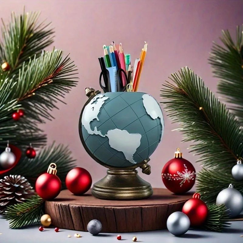 Creative Globe Pen Holder Resin Desk Organizer for Office and Home Decor Unique Geographic Pen and Pencil Storage - Smoothy Home
