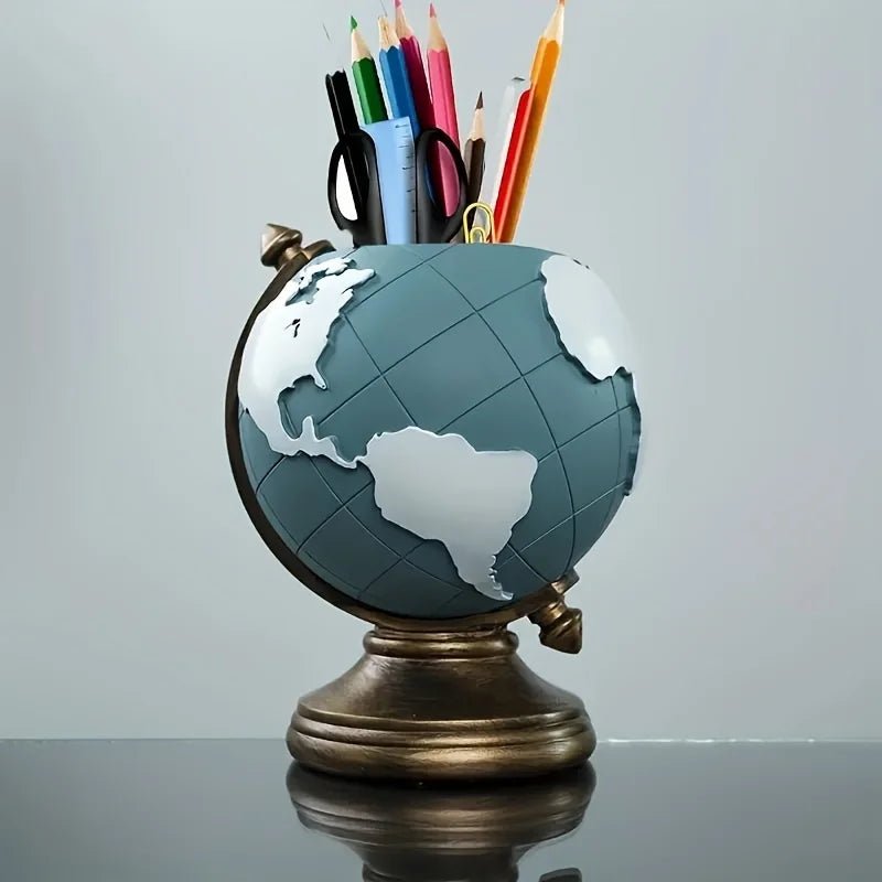 Creative Globe Pen Holder Resin Desk Organizer for Office and Home Decor Unique Geographic Pen and Pencil Storage - Smoothy Home