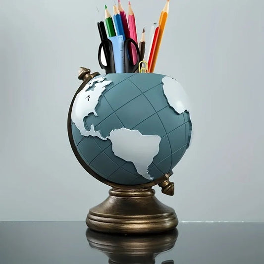 Creative Globe Pen Holder Resin Desk Organizer for Office and Home Decor Unique Geographic Pen and Pencil Storage - Smoothy Home