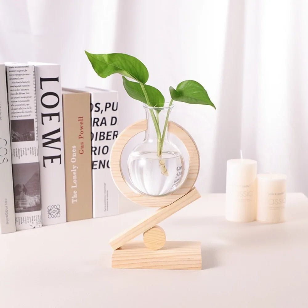 Creative Hydroponic Plants Transparent Glass Wooden Frame Vase Green Ivy Plant Simple Desktop Modern Decoration Ornament - Smoothy Home