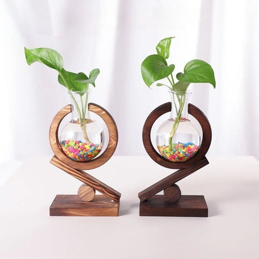 Creative Hydroponic Plants Transparent Glass Wooden Frame Vase Green Ivy Plant Simple Desktop Modern Decoration Ornament - Smoothy Home