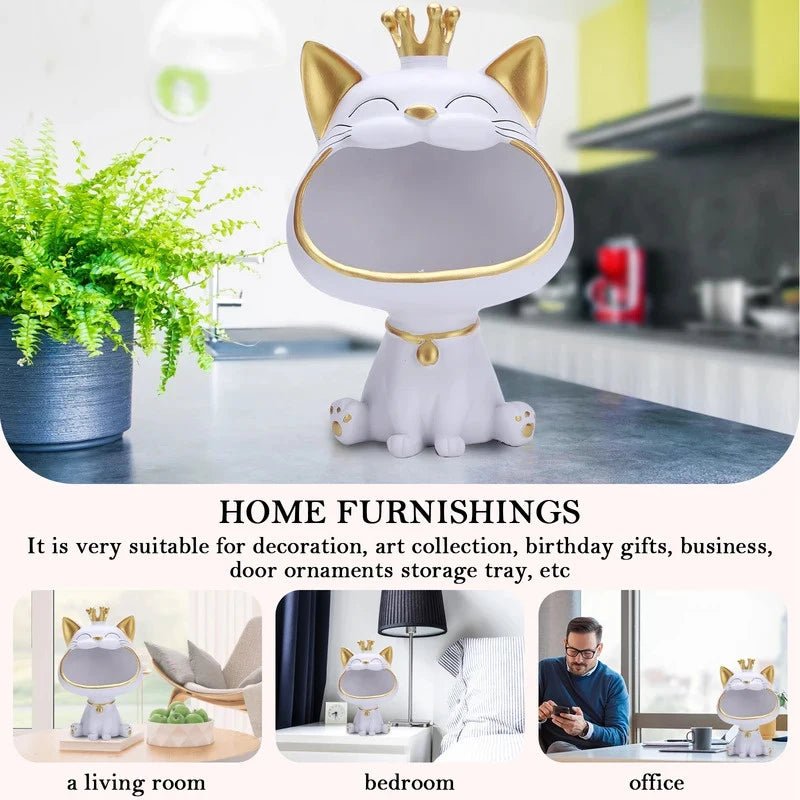 Cute Big-Mouthed Crown Cat Resin Storage Sculpture, Multifunctional Key Holder, Perfect Housewarming Gift - Smoothy Home