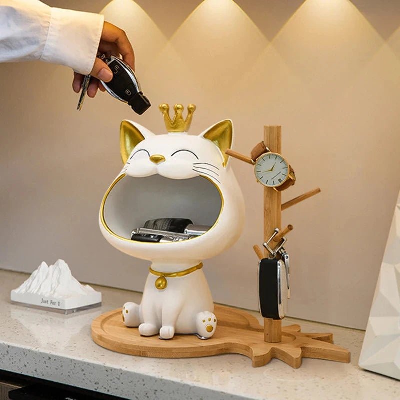 Cute Big-Mouthed Crown Cat Resin Storage Sculpture, Multifunctional Key Holder, Perfect Housewarming Gift - Smoothy Home