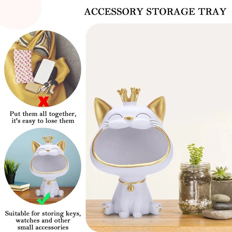 Cute Big-Mouthed Crown Cat Resin Storage Sculpture, Multifunctional Key Holder, Perfect Housewarming Gift - Smoothy Home