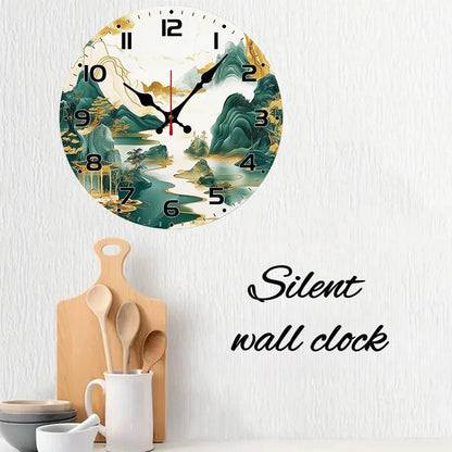 DIY 2D Flat Chinese Landscape Wooden Round Silent Hanging Wall Clock, Suitable For Living Room, Office, Study Room, Bedroom, Home - Smoothy Home