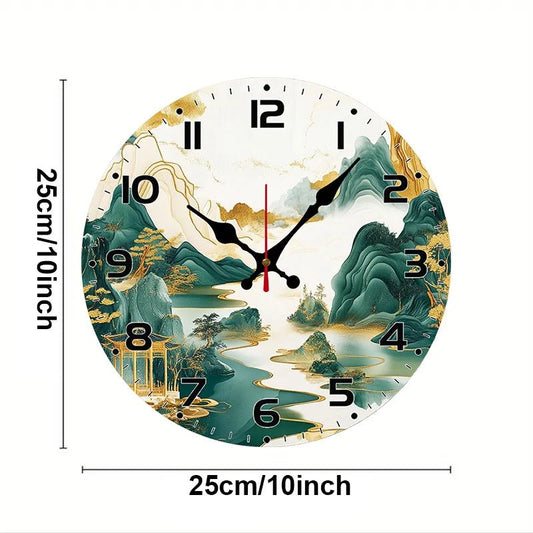 DIY 2D Flat Chinese Landscape Wooden Round Silent Hanging Wall Clock, Suitable For Living Room, Office, Study Room, Bedroom, Home - Smoothy Home