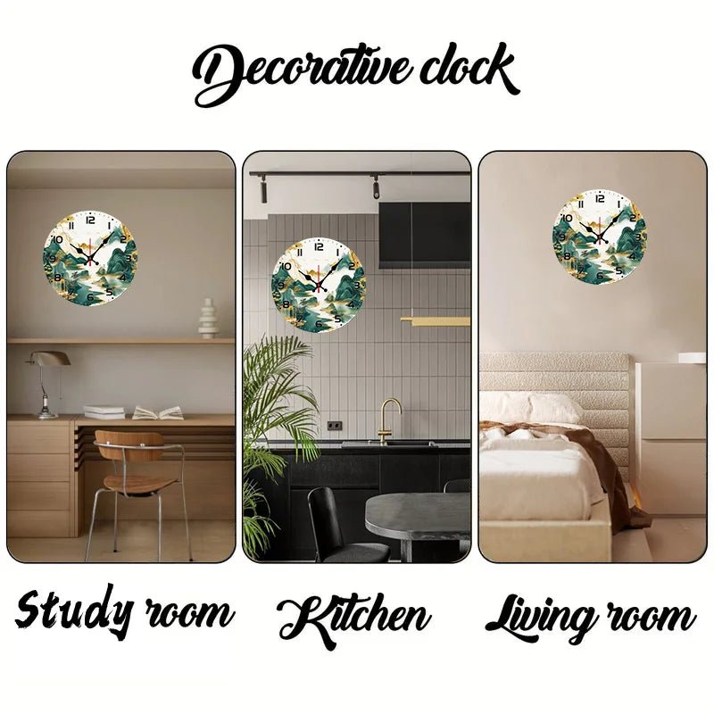 DIY 2D Flat Chinese Landscape Wooden Round Silent Hanging Wall Clock, Suitable For Living Room, Office, Study Room, Bedroom, Home - Smoothy Home