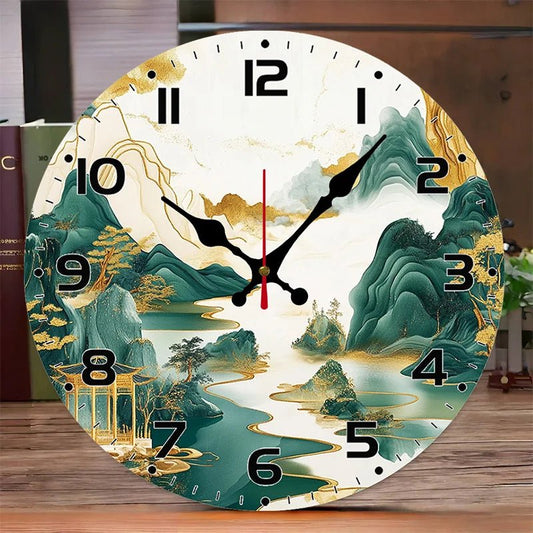 DIY 2D Flat Chinese Landscape Wooden Round Silent Hanging Wall Clock, Suitable For Living Room, Office, Study Room, Bedroom, Home - Smoothy Home