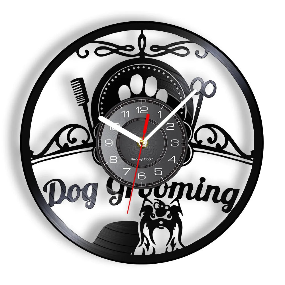 Dog Grooming Salon Vinyl Record Wall Clock Home Art Decor Scottish Terrier Puppy Dog Craft Wall Watch For Pet Shop Groomer Gift - Smoothy Home