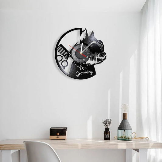 Dog Grooming Salon Vinyl Record Wall Clock Home Art Decor Scottish Terrier Puppy Dog Craft Wall Watch For Pet Shop Groomer Gift - Smoothy Home
