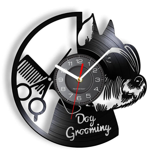 Dog Grooming Salon Vinyl Record Wall Clock Home Art Decor Scottish Terrier Puppy Dog Craft Wall Watch For Pet Shop Groomer Gift - Smoothy Home
