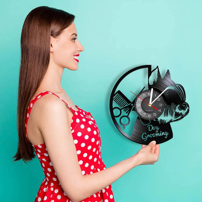 Dog Grooming Salon Vinyl Record Wall Clock Home Art Decor Scottish Terrier Puppy Dog Craft Wall Watch For Pet Shop Groomer Gift - Smoothy Home