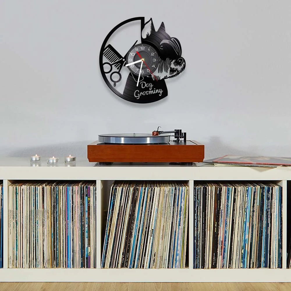 Dog Grooming Salon Vinyl Record Wall Clock Home Art Decor Scottish Terrier Puppy Dog Craft Wall Watch For Pet Shop Groomer Gift - Smoothy Home