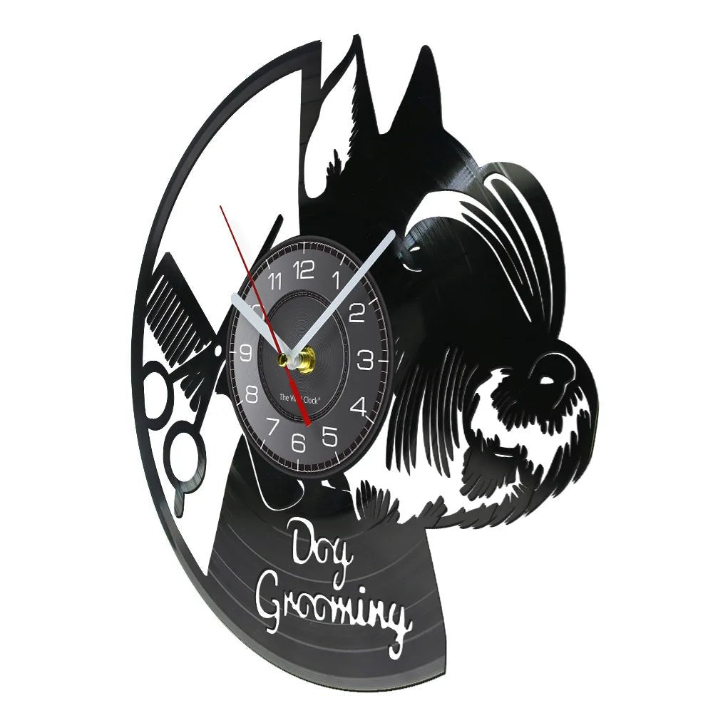 Dog Grooming Salon Vinyl Record Wall Clock Home Art Decor Scottish Terrier Puppy Dog Craft Wall Watch For Pet Shop Groomer Gift - Smoothy Home