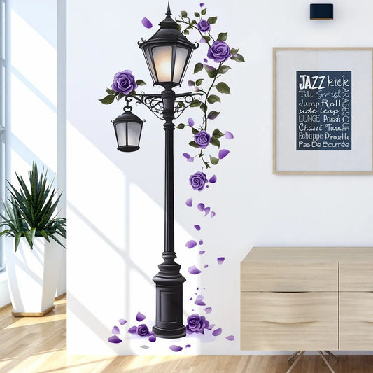 Elegant Purple Rose Street Lamp Wall Decal - Contemporary Floral Sticker with Realistic Detail, Self-Adhesive & Easy to Apply, P - Smoothy Home
