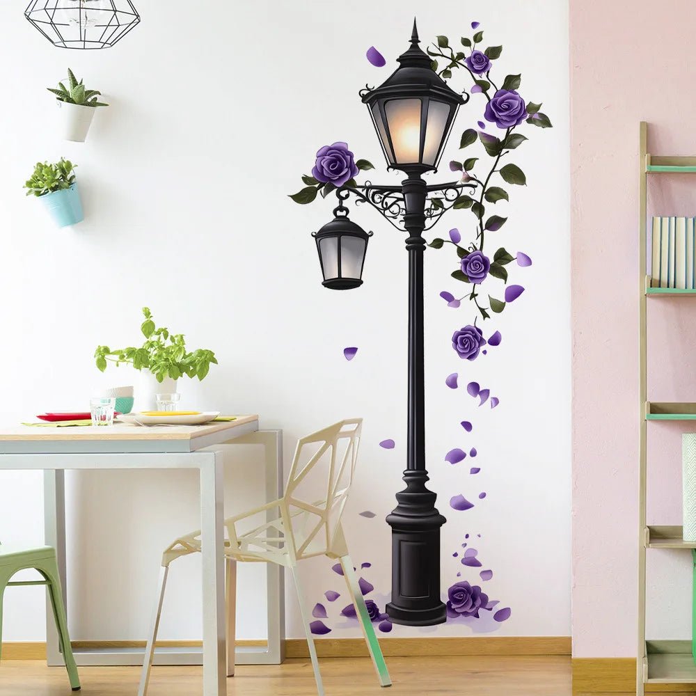 Elegant Purple Rose Street Lamp Wall Decal - Contemporary Floral Sticker with Realistic Detail, Self-Adhesive & Easy to Apply, P - Smoothy Home