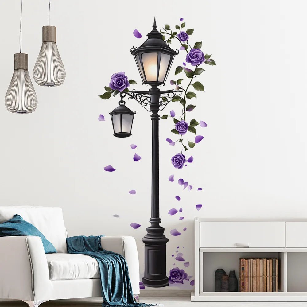 Elegant Purple Rose Street Lamp Wall Decal - Contemporary Floral Sticker with Realistic Detail, Self-Adhesive & Easy to Apply, P - Smoothy Home