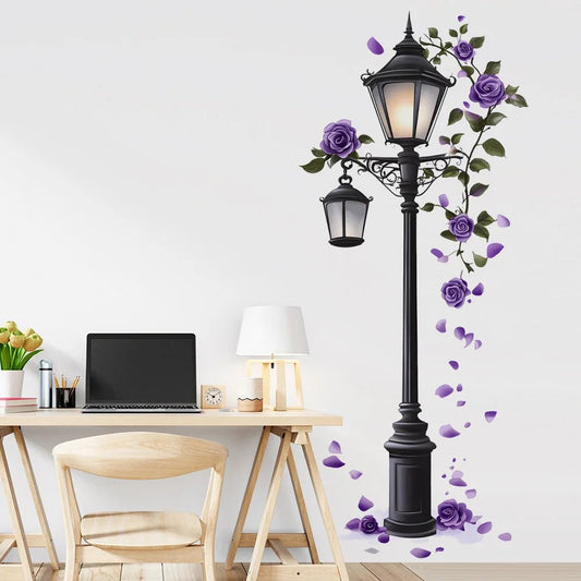 Elegant Purple Rose Street Lamp Wall Decal - Contemporary Floral Sticker with Realistic Detail, Self-Adhesive & Easy to Apply, P - Smoothy Home