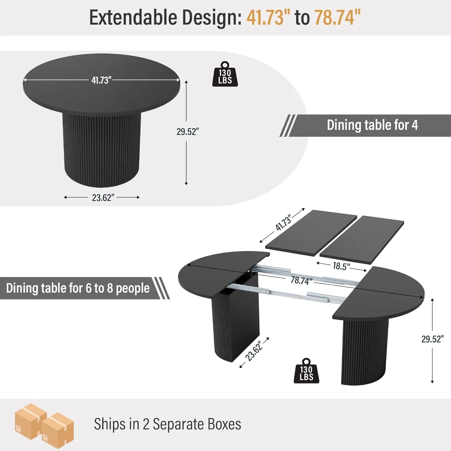 Extendable Dining Table 41-78in Seats 4-8 Round Expandable Kitchen Fluted Base Modern Oval Dining Room Living Room, Customized - Smoothy Home