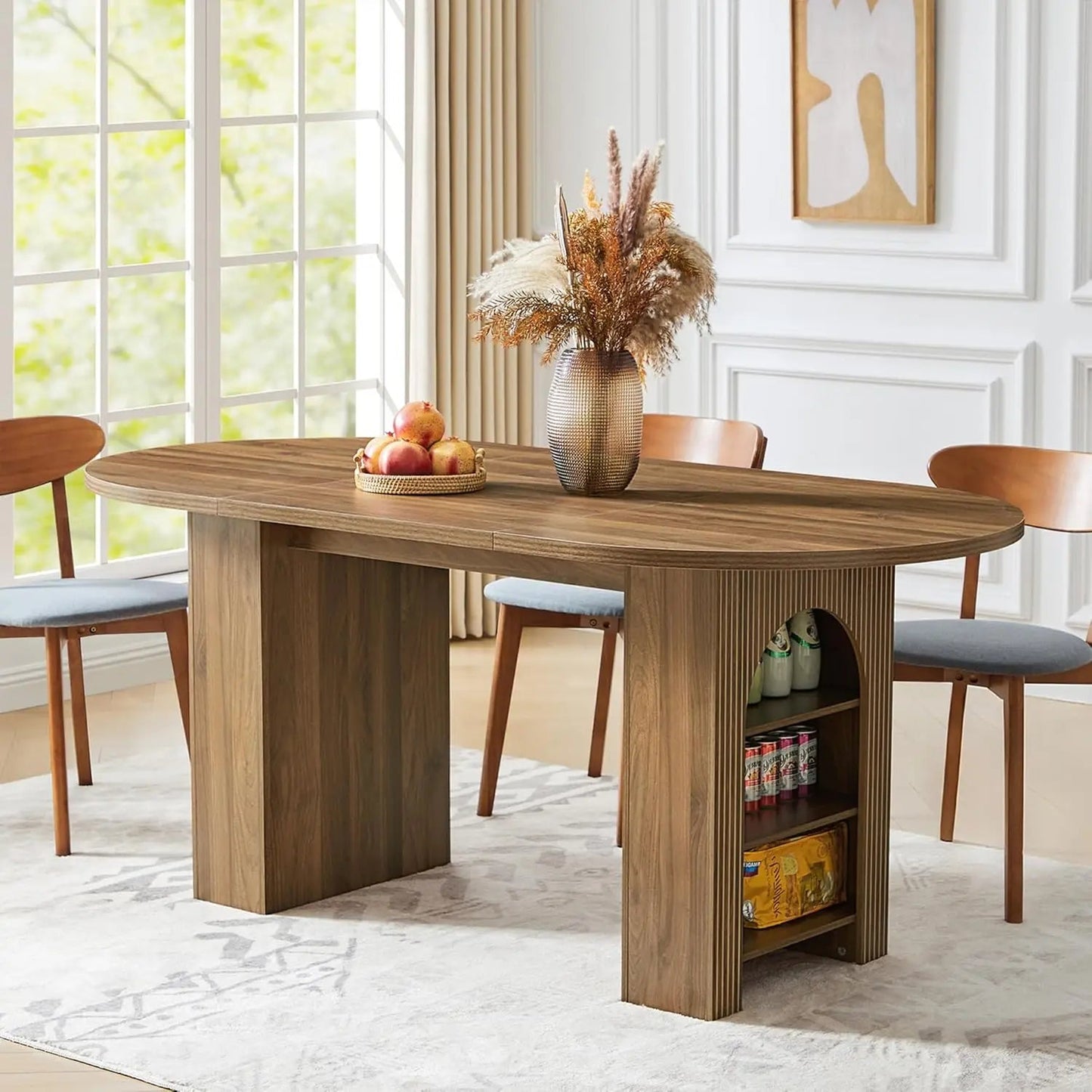 Extendable Dining Table 41-78in Seats 4-8 Round Expandable Kitchen Fluted Base Modern Oval Dining Room Living Room, Customized - Smoothy Home