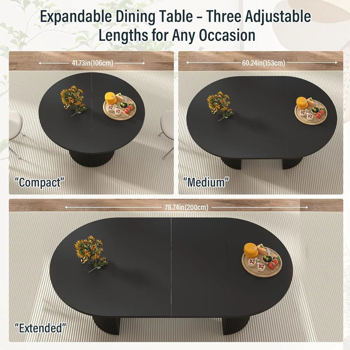 Extendable Dining Table 41-78in Seats 4-8 Round Expandable Kitchen Fluted Base Modern Oval Dining Room Living Room, Customized - Smoothy Home