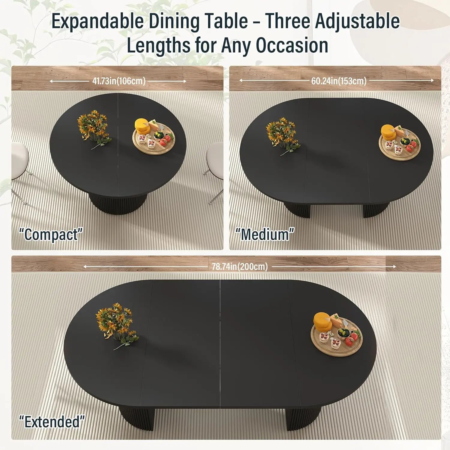 Extendable Dining Table 41-78in Seats 4-8 Round Expandable Kitchen Fluted Base Modern Oval Dining Room Living Room, Customized - Smoothy Home