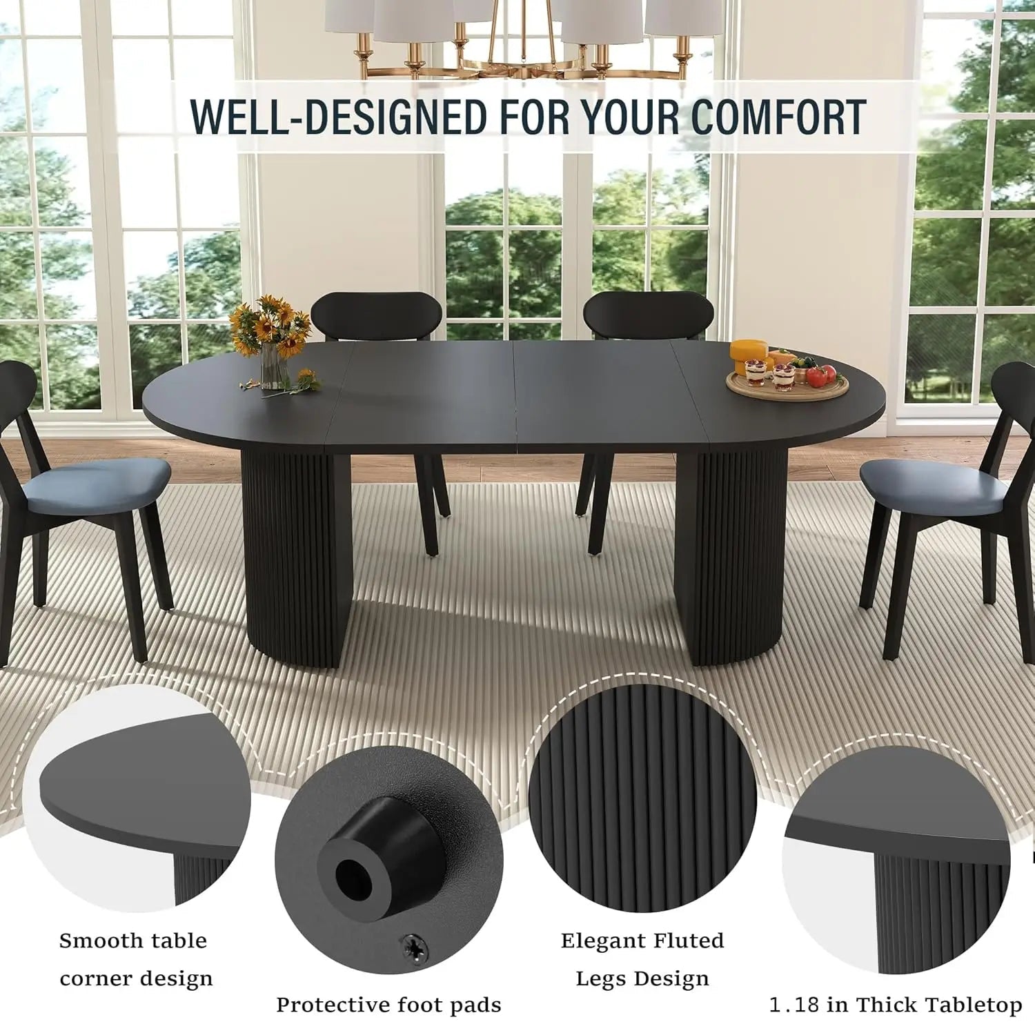 Extendable Dining Table 41-78in Seats 4-8 Round Expandable Kitchen Fluted Base Modern Oval Dining Room Living Room, Customized - Smoothy Home