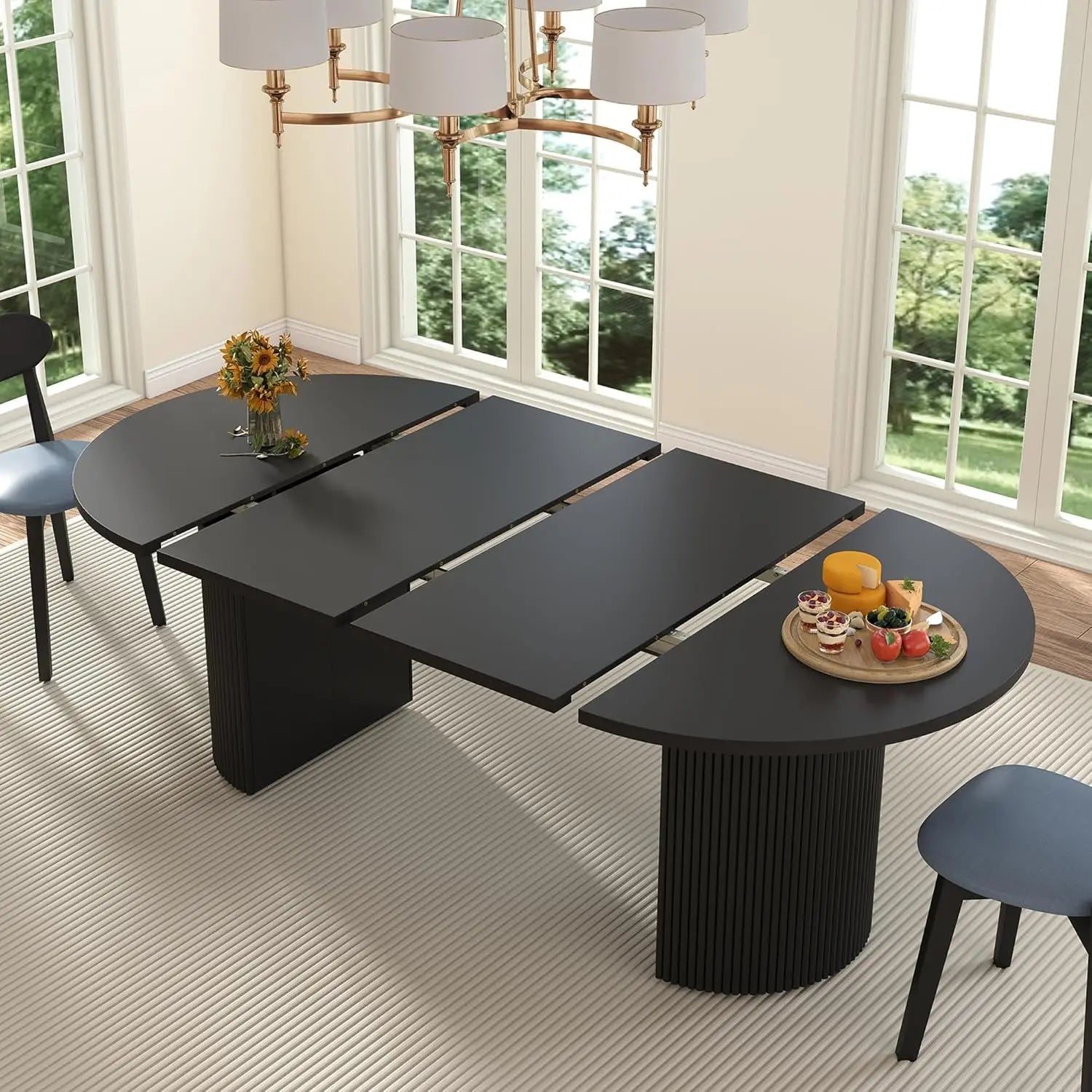 Extendable Dining Table 41-78in Seats 4-8 Round Expandable Kitchen Fluted Base Modern Oval Dining Room Living Room, Customized - Smoothy Home