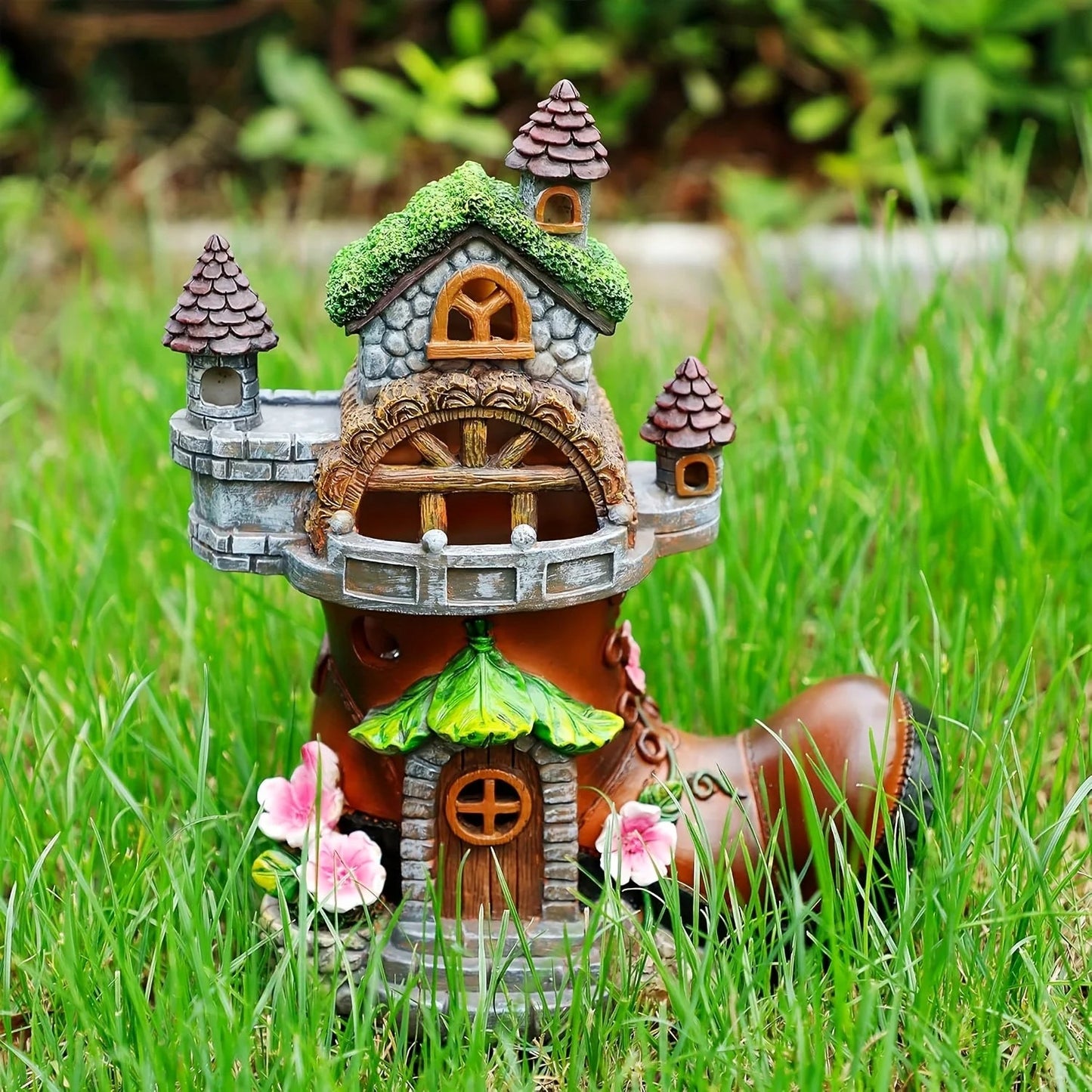 Fairy House Garden Statues with Boots, Fairy Garden Decor House Kit, Solar Lights Garden Figurine for Outdoor Patio Lawn - Smoothy Home