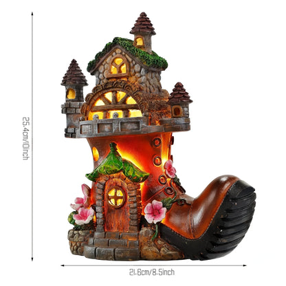 Fairy House Garden Statues with Boots, Fairy Garden Decor House Kit, Solar Lights Garden Figurine for Outdoor Patio Lawn - Smoothy Home