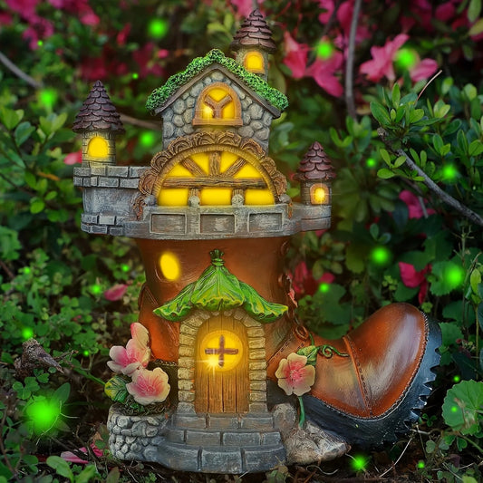 Fairy House Garden Statues with Boots, Fairy Garden Decor House Kit, Solar Lights Garden Figurine for Outdoor Patio Lawn - Smoothy Home