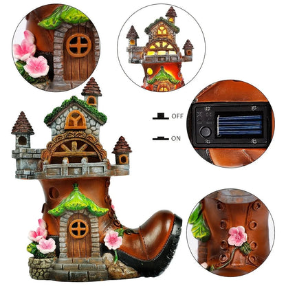 Fairy House Garden Statues with Boots, Fairy Garden Decor House Kit, Solar Lights Garden Figurine for Outdoor Patio Lawn - Smoothy Home
