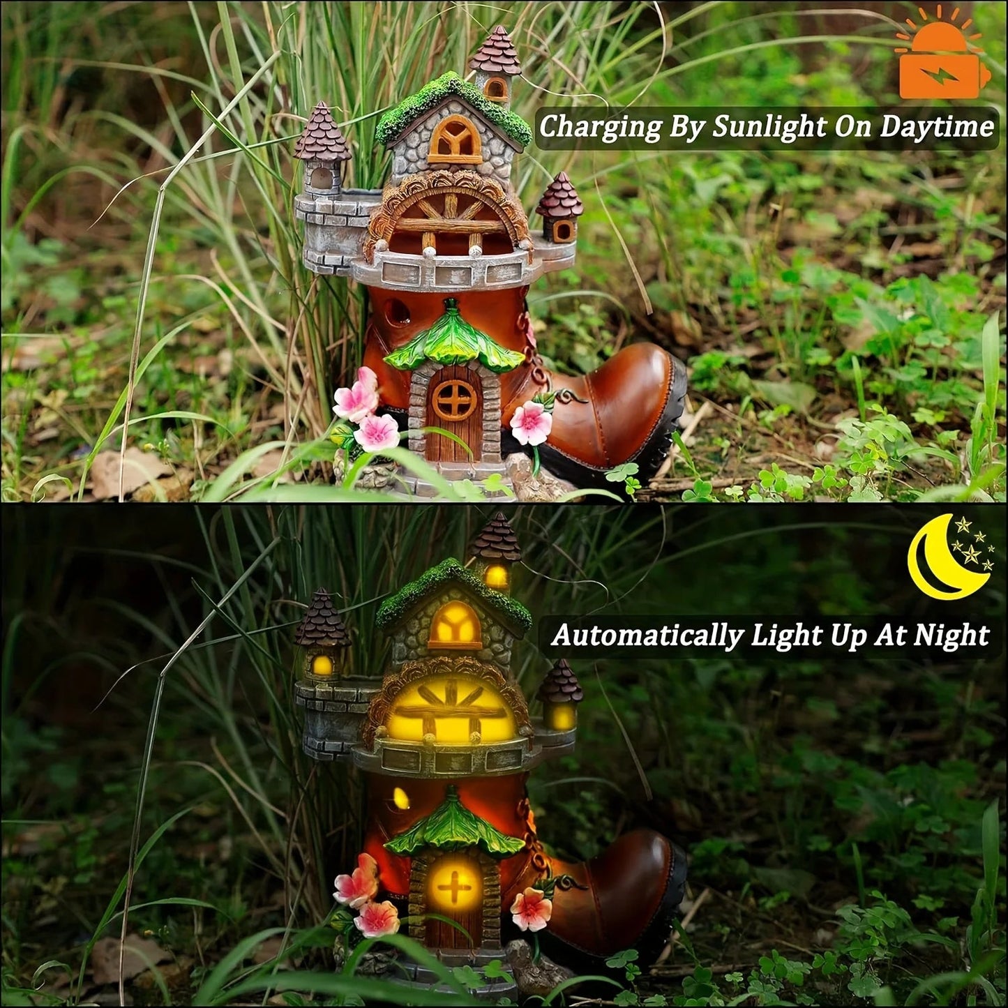 Fairy House Garden Statues with Boots, Fairy Garden Decor House Kit, Solar Lights Garden Figurine for Outdoor Patio Lawn - Smoothy Home