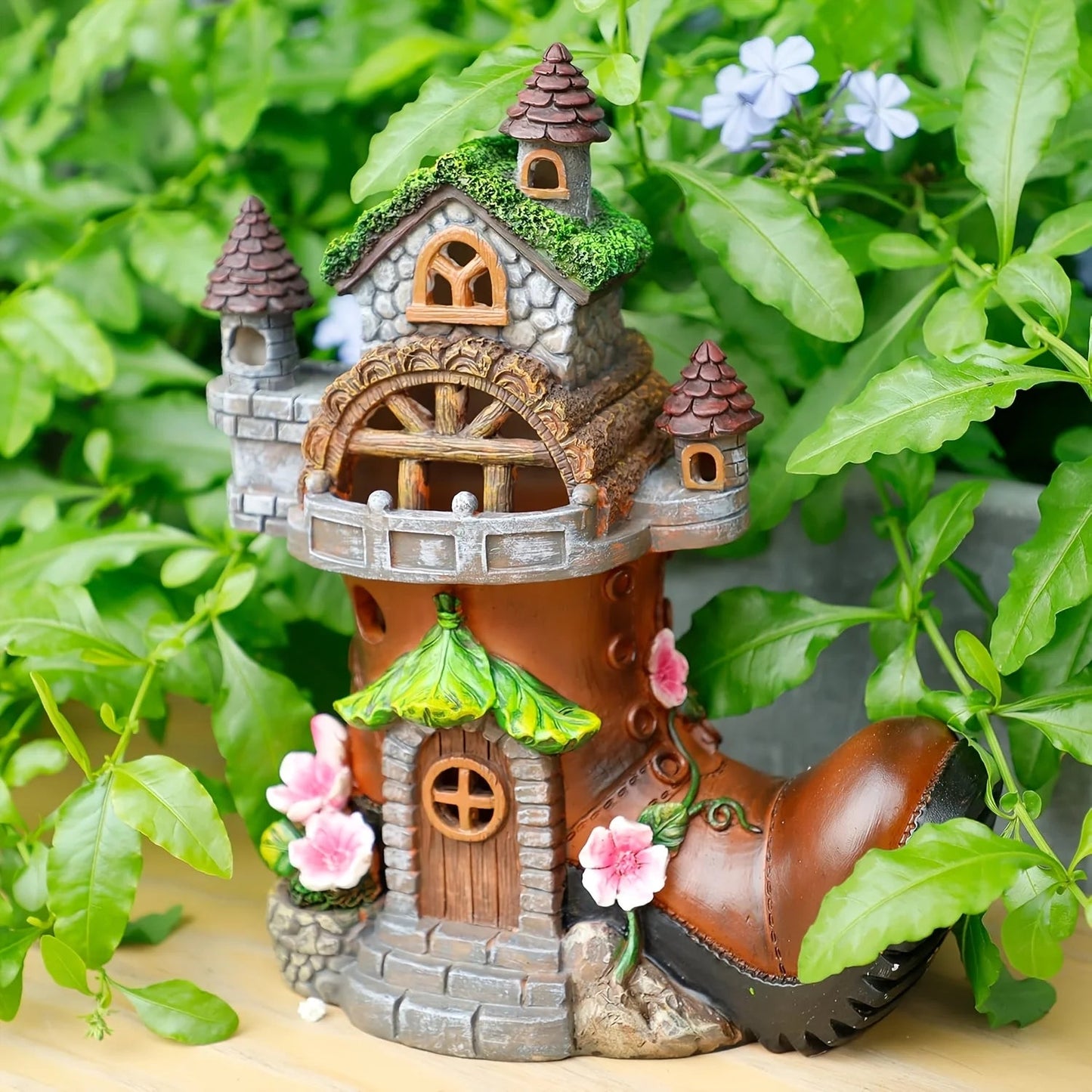 Fairy House Garden Statues with Boots, Fairy Garden Decor House Kit, Solar Lights Garden Figurine for Outdoor Patio Lawn - Smoothy Home