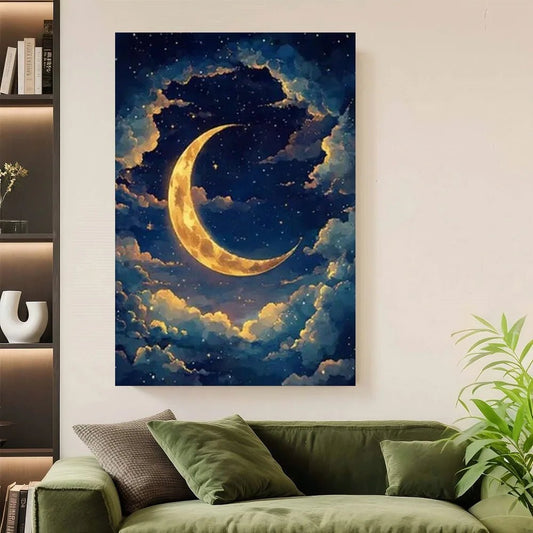 Framed Mystical Moonlit Sky Canvas Art - Vintage Golden Frame, Stars & Clouds Design For Living Room Decor - Smoothy Home