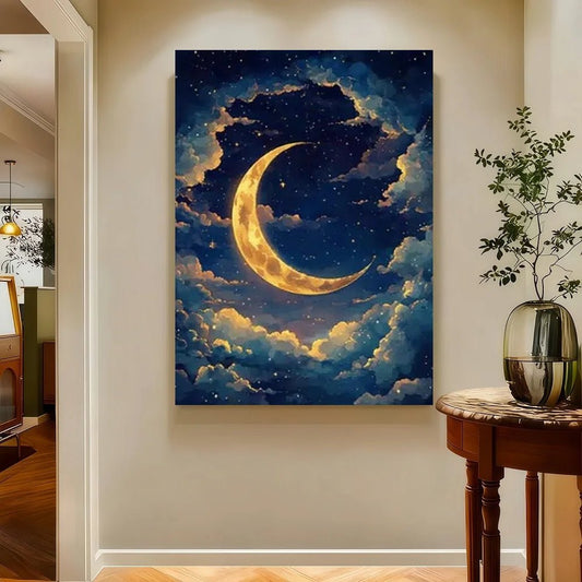 Framed Mystical Moonlit Sky Canvas Art - Vintage Golden Frame, Stars & Clouds Design For Living Room Decor - Smoothy Home