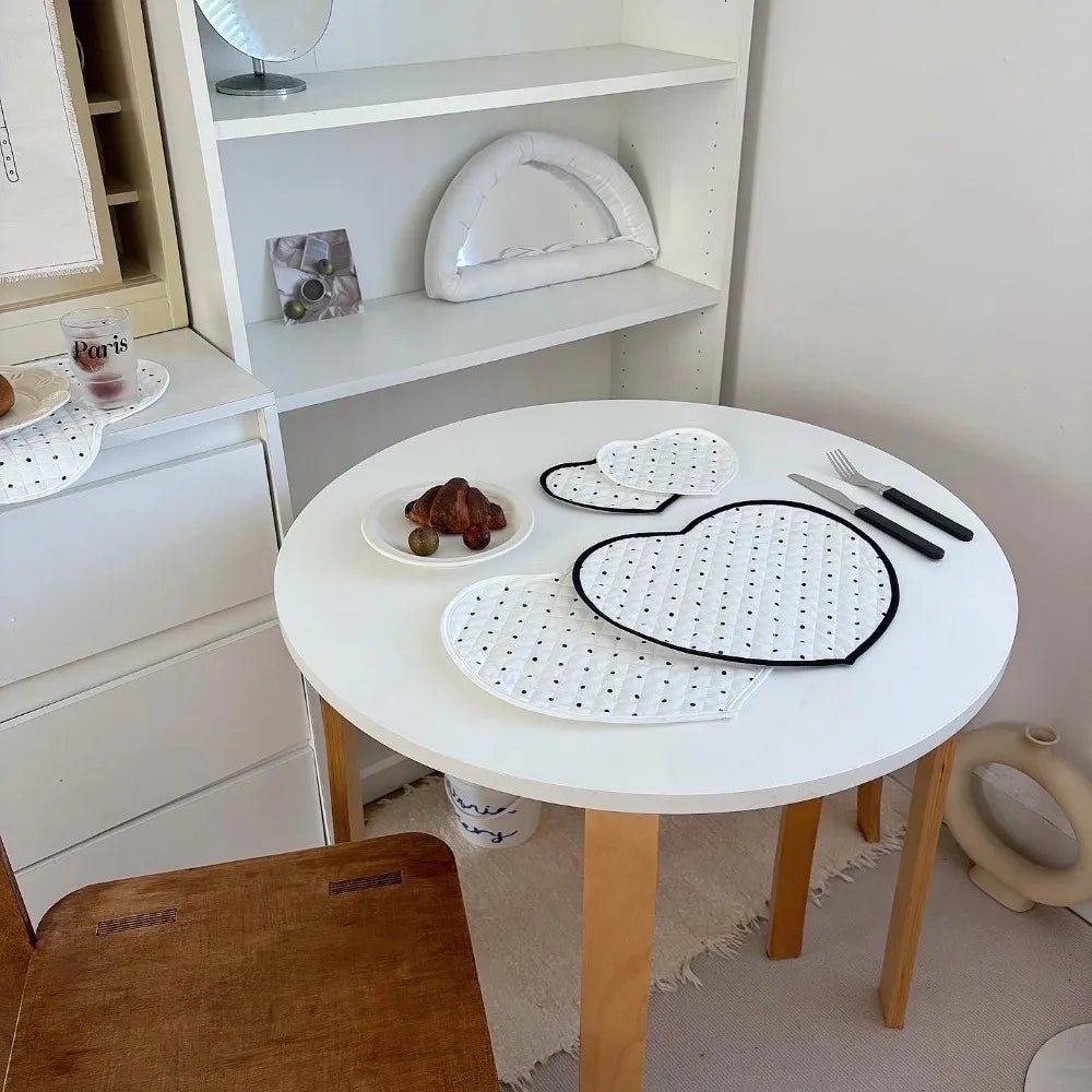 French Polka Dot Heart-shaped Placemats Cotton Decorative Insulating Table Mat Love Quilted Fabric Coaster Home Decor - Smoothy Home