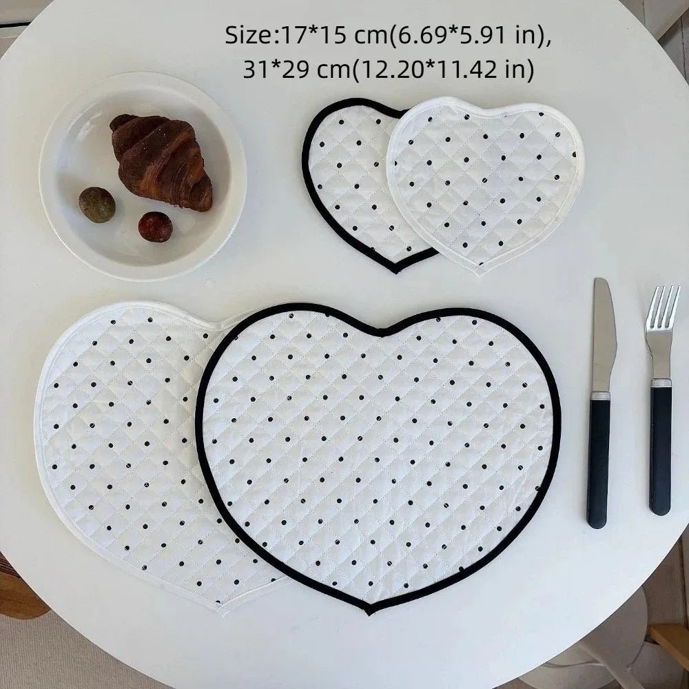 French Polka Dot Heart-shaped Placemats Cotton Decorative Insulating Table Mat Love Quilted Fabric Coaster Home Decor - Smoothy Home