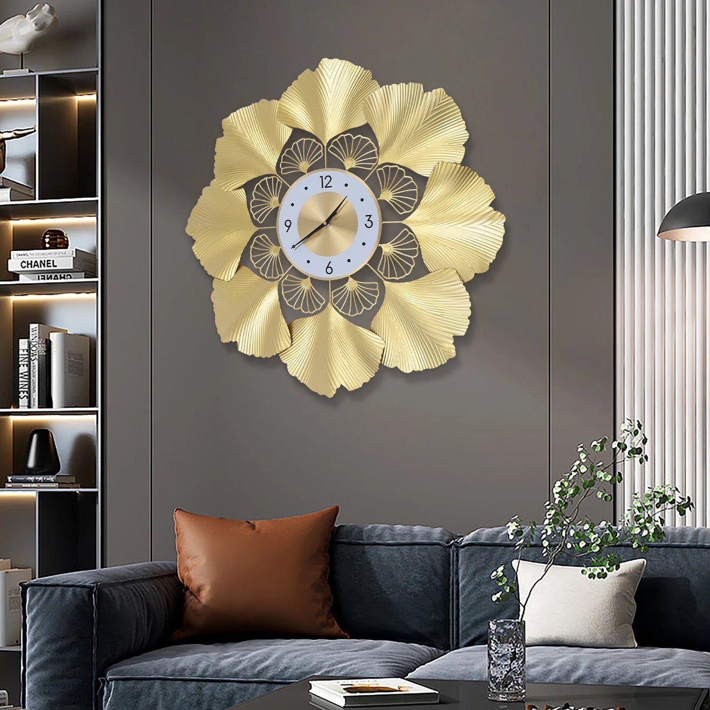 Ginkgo Biloba Wall Clock 70cm Large Nordic Light Luxury Design, White Gold Iron Silent Non-Ticking Battery Operated Living Room - Smoothy Home
