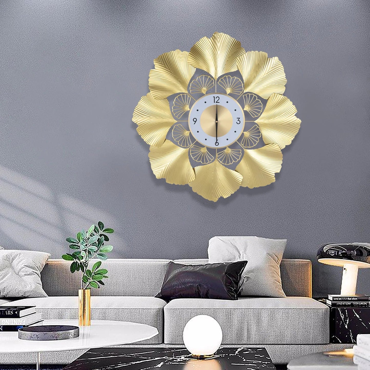 Ginkgo Biloba Wall Clock 70cm Large Nordic Light Luxury Design, White Gold Iron Silent Non-Ticking Battery Operated Living Room - Smoothy Home