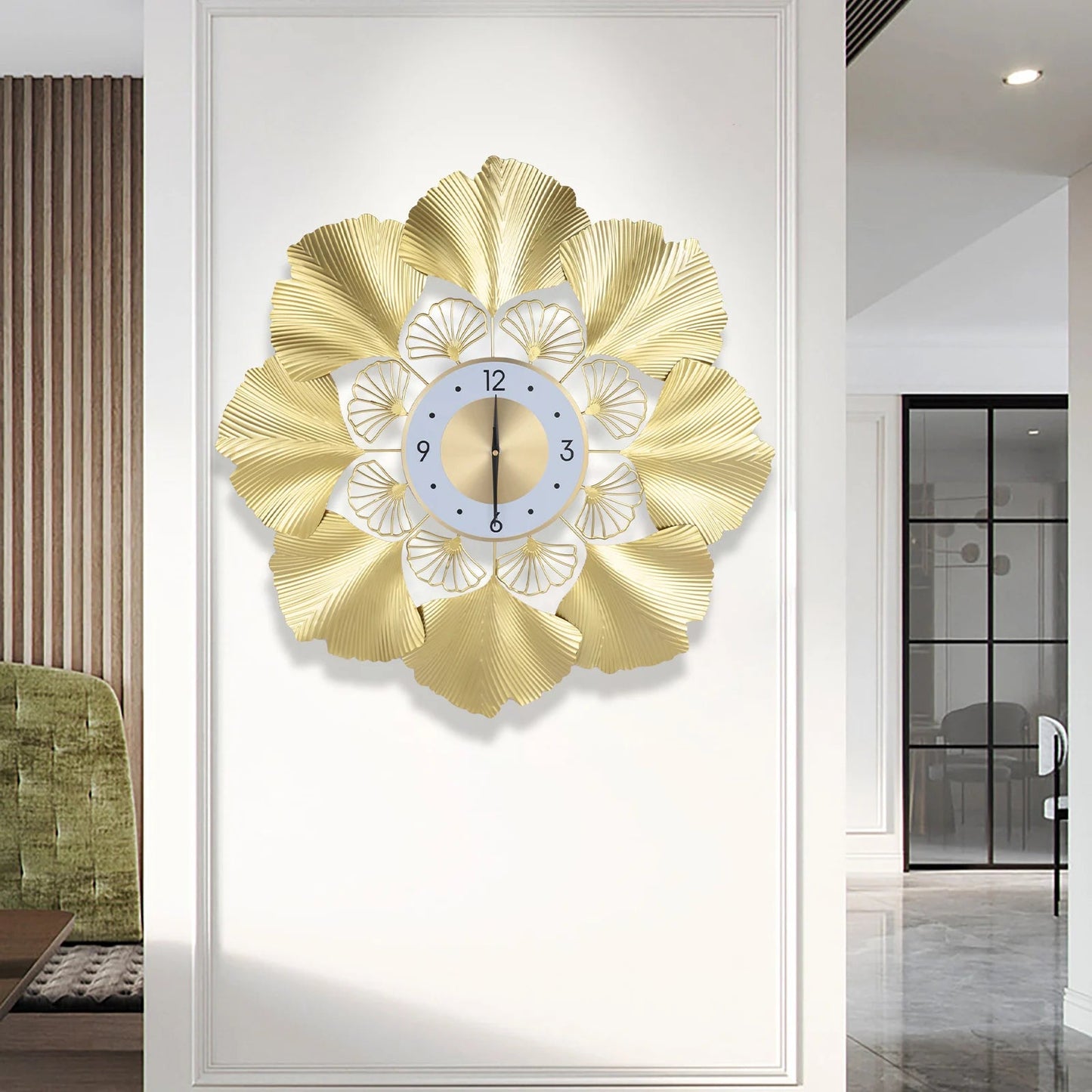 Ginkgo Biloba Wall Clock 70cm Large Nordic Light Luxury Design, White Gold Iron Silent Non-Ticking Battery Operated Living Room - Smoothy Home
