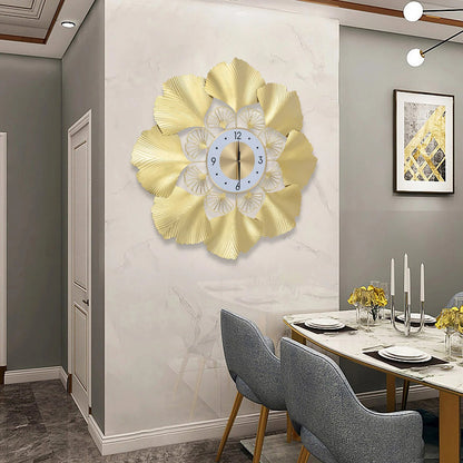 Ginkgo Biloba Wall Clock 70cm Large Nordic Light Luxury Design, White Gold Iron Silent Non-Ticking Battery Operated Living Room - Smoothy Home