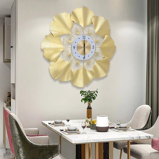 Ginkgo Biloba Wall Clock 70cm Large Nordic Light Luxury Design, White Gold Iron Silent Non-Ticking Battery Operated Living Room - Smoothy Home