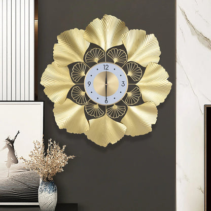 Ginkgo Biloba Wall Clock 70cm Large Nordic Light Luxury Design, White Gold Iron Silent Non-Ticking Battery Operated Living Room - Smoothy Home