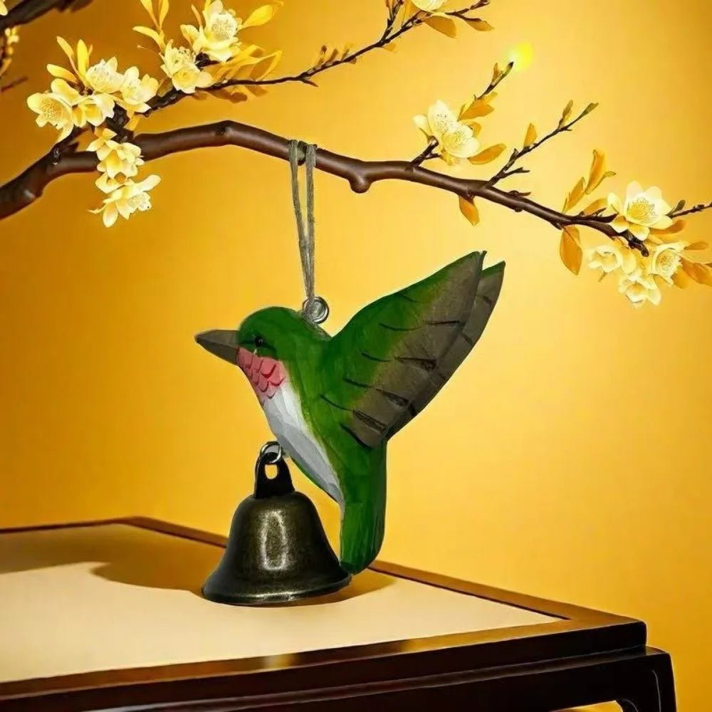 Hand-Carved Hummingbird Figurine Wooden with Bell Wind Chime Pendant Wood Grain with Soothing Sound Mini Sculpture - Smoothy Home
